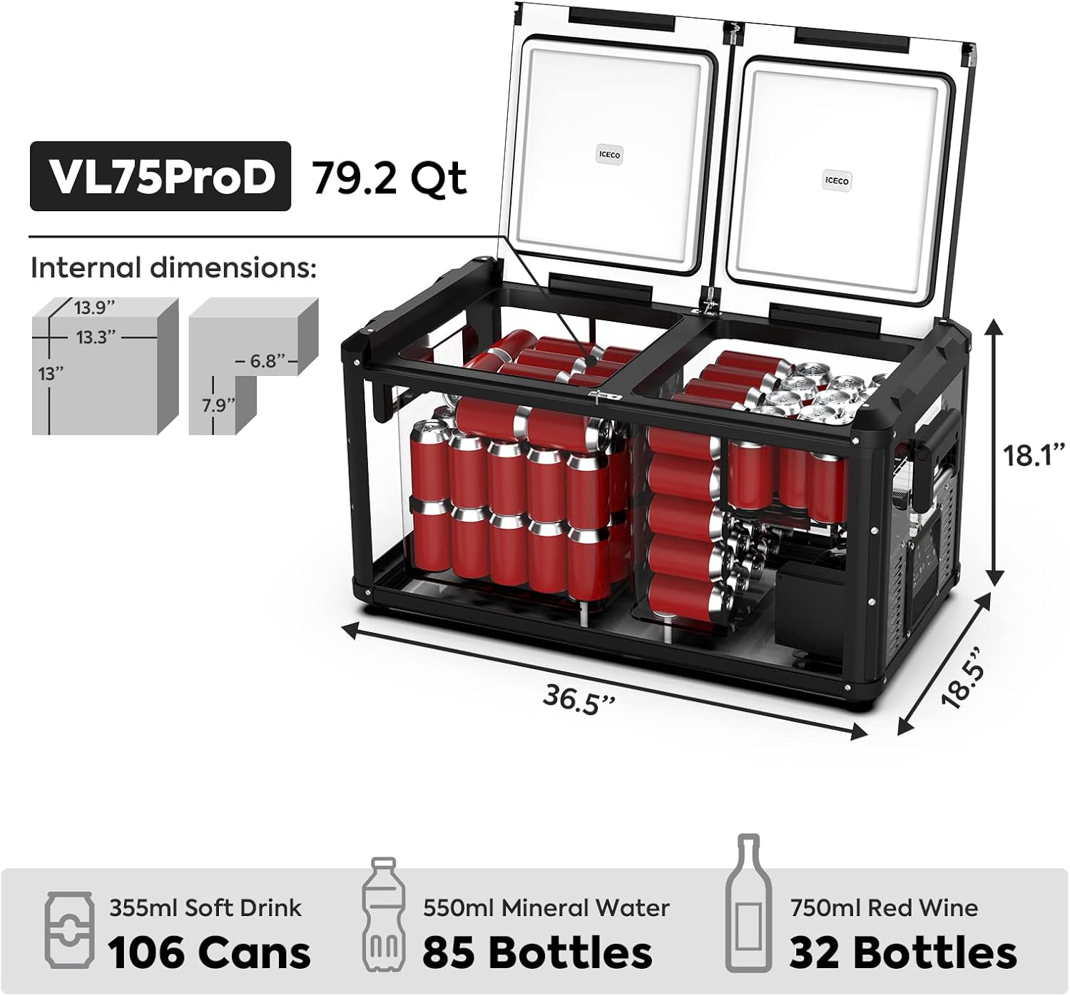 ICECO VL75 ProD Portable Refrigerator, Multi-directional Lid, Dual USB & DC 12/24V, AC 110-240V