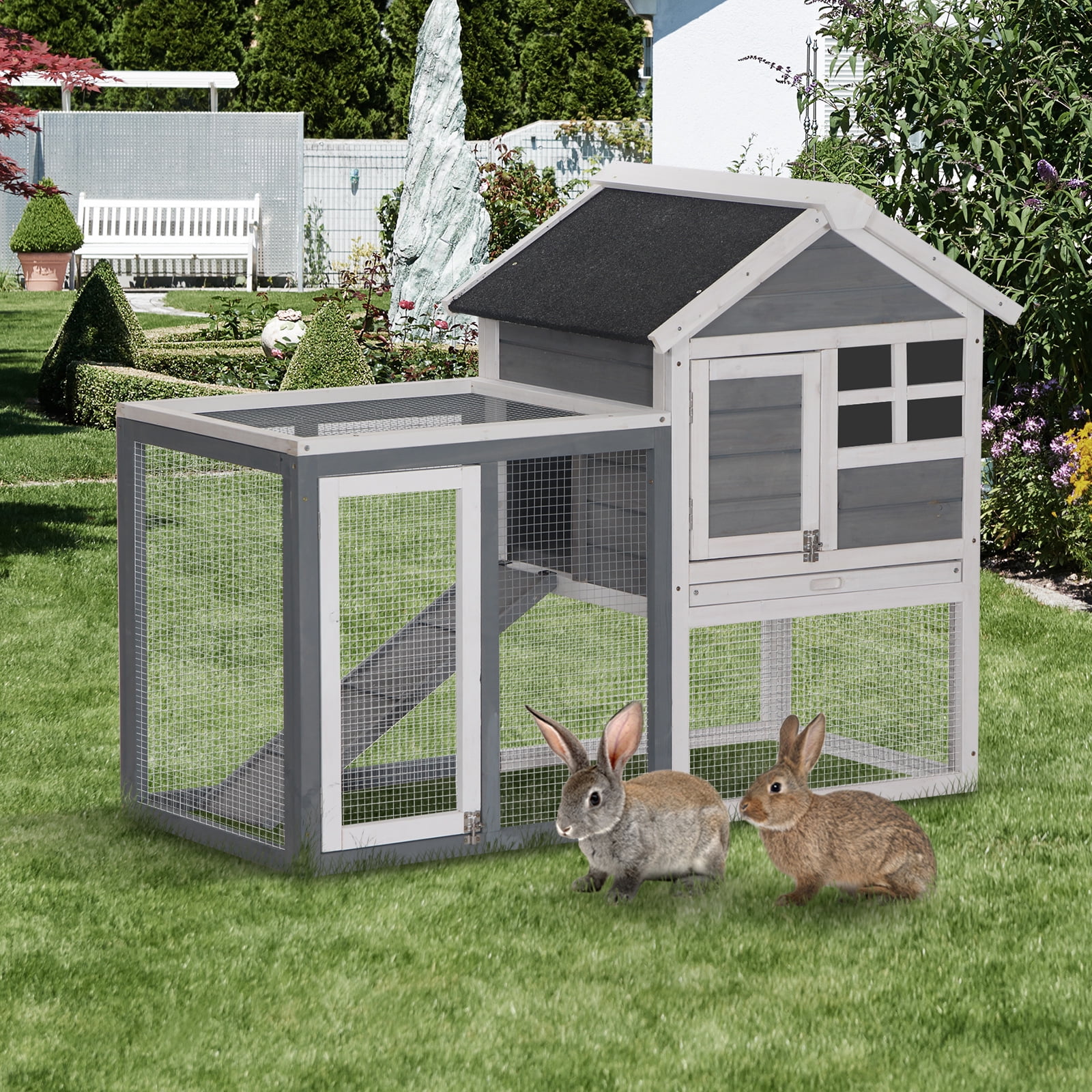 Pawhut 48" Wooden Chicken Coop Rabbit Hutch Bunny Cage Pet House w/Ladder & Run