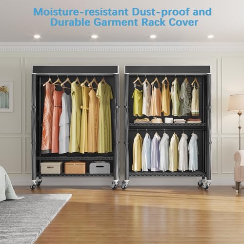 VIPEK R2C Medium Rolling Garment Rack with Cover Heavy Duty Clothes Rack Adjustable Clothing Rack for Hanging Clothes Portable Closets with Double