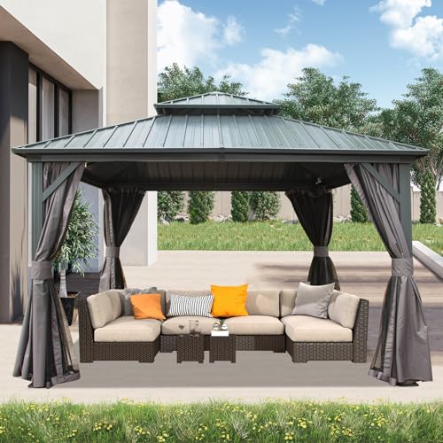 Domi 10' x 10' Hardtop Gazebo Outdoor Metal Gazebo with Galvanized Steel Double Roof Canopy, Curtains and Netting for Patio, Backyard, Deck