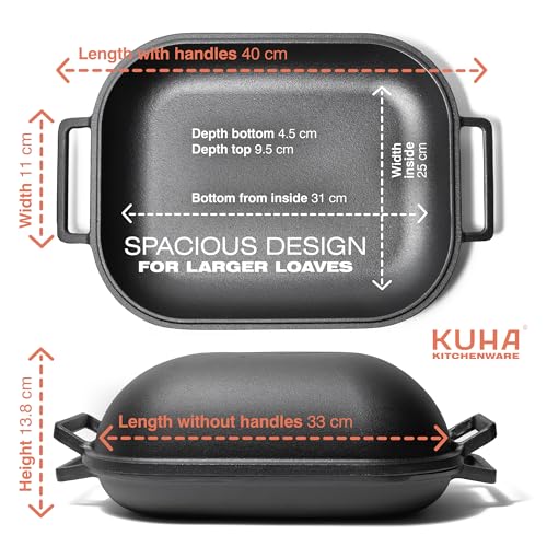 KUHA Cast Iron Bread Pan with Lid + Bread Lame - Black Heavy Duty Cast Iron Loaf Pan for Homemade Breadmaking - Pre-seasoned Bread Oven