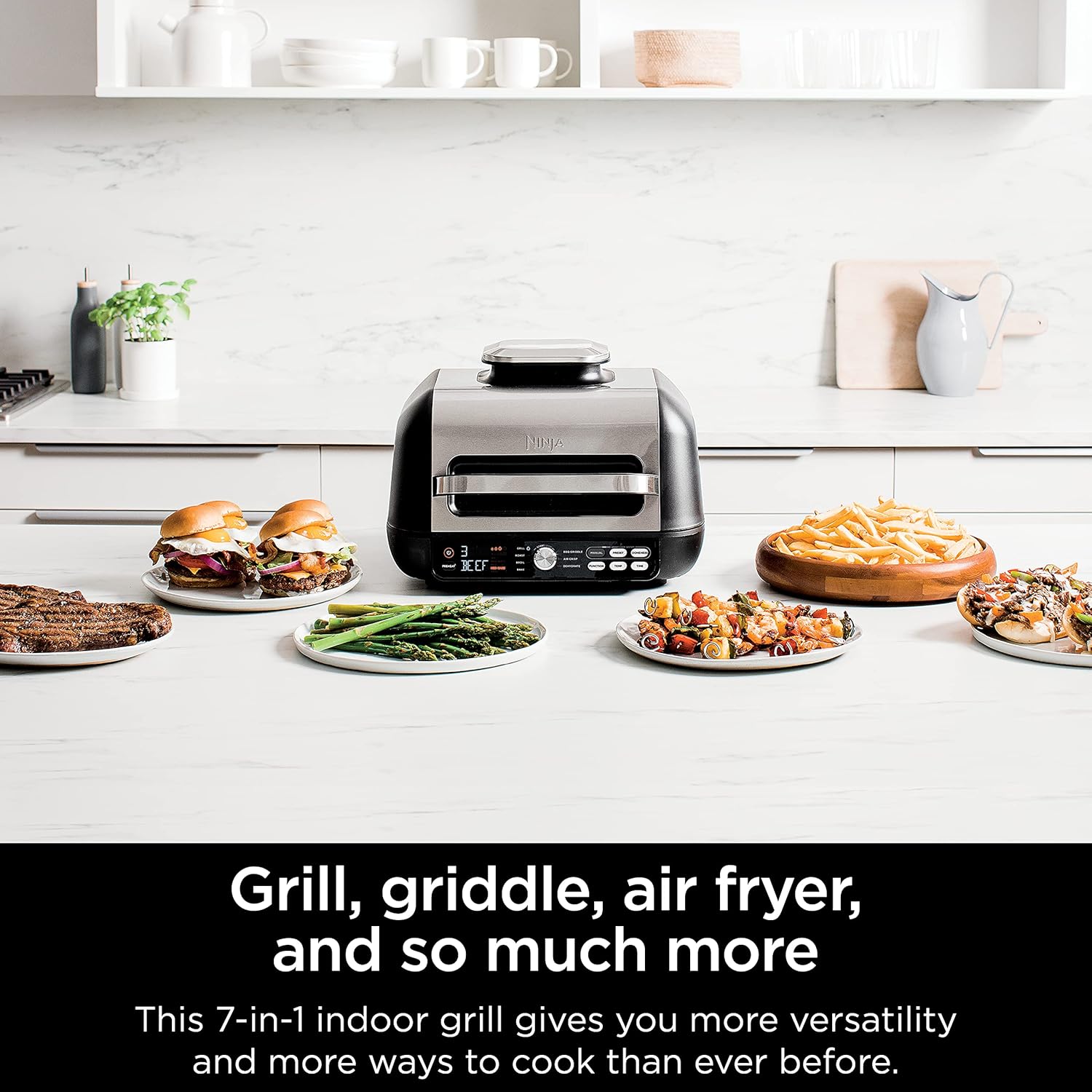 Ninja IG651 Foodi Smart XL Pro 7-in-1 Indoor Grill/Griddle Combo, use Opened or Closed, Air Fry, Dehydrate & More, Pro Power Grate, Flat Top, Crisper