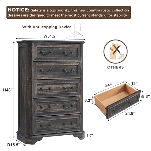 T4TREAM Farmhouse 5 Drawers Dresser for Bedroom, 48" Tall Wood Rustic Chest of Drawers with Natural Texture, Vintage Design