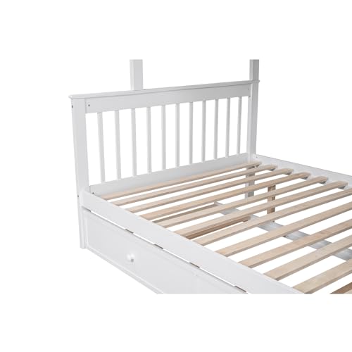 Ball & Cast Full Over Full Bunk Bed with Twin Size Trundle and Built in 4 Drawer,Wood Bunkbed w/Storage Ladder & Slat Support