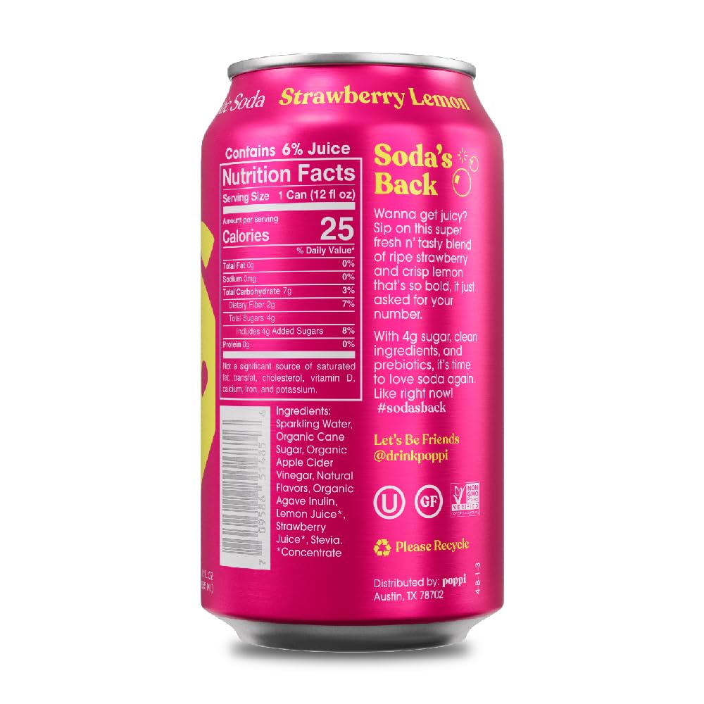 POPPI Sparkling Prebiotic Soda, Bulk 72-Pack, Strawberry Lemon, Orange, Cherry Limeade Beverages made with Apple Cider Vinegar