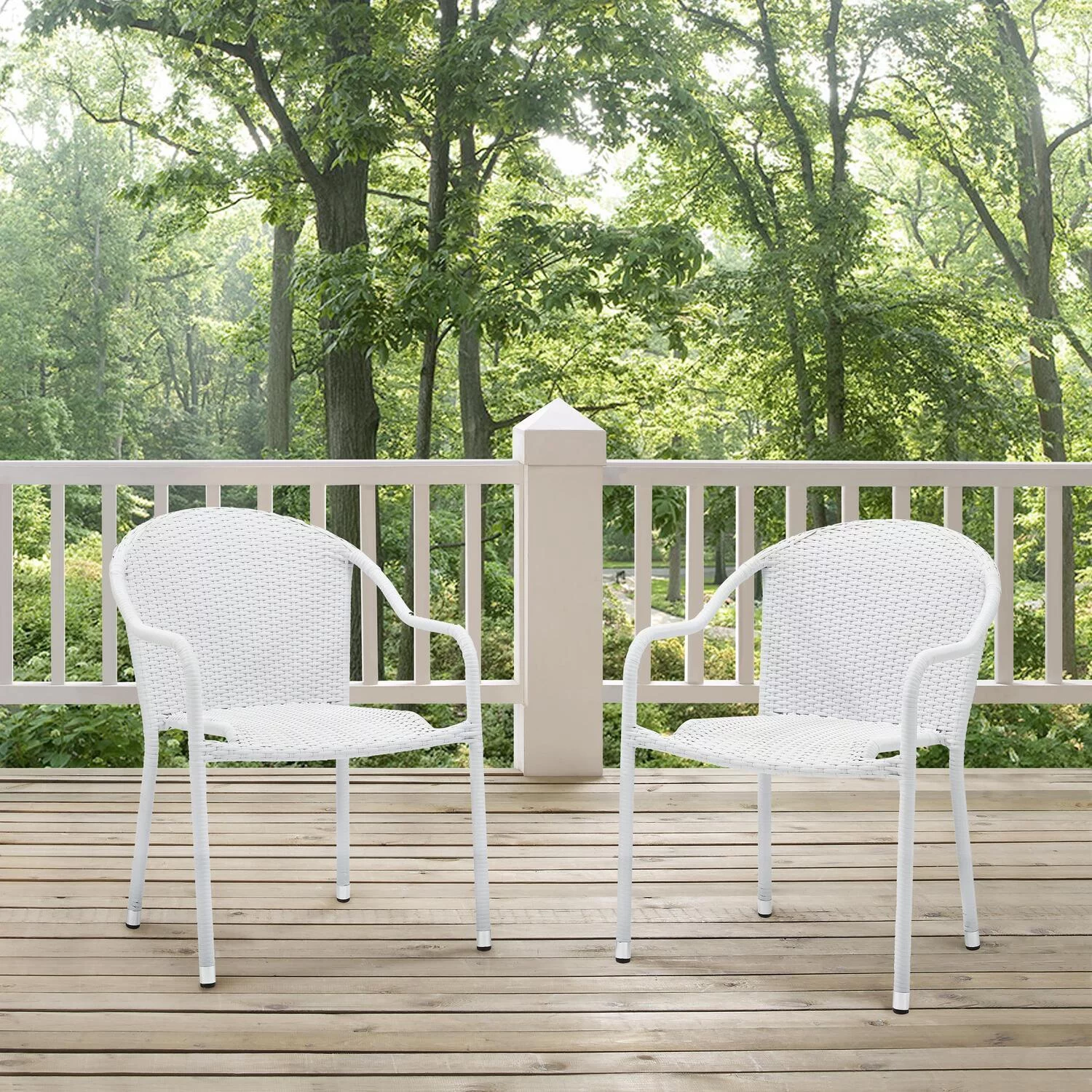Maykoosh Rustic Retreat 3Pc Outdoor Wicker Chair Set White - Round Side Table & 2 Stackable Chairs