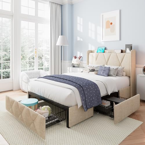 iPormis Queen Bed Frame with 4 Storage Drawers, Upholstered Platform Bed Frame with Charging Station, Modern Wingback Storage Headboard