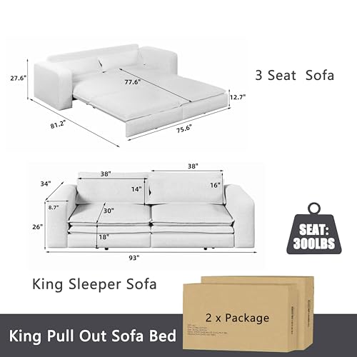 93" King Pull Out Sofa Bed, 3 in 1 Convertible Sleeper Sofa Couch, Comfy 3 Seater Sleeper Bed with 2 Pillows
