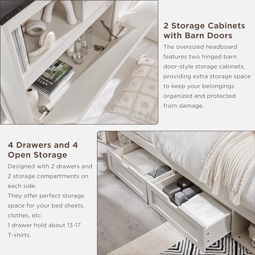 Queen Size Wood Bed Frame Farmhouse with 52" Tall Storage Bookcase Headboard, LED Light,Charging Station,4 Drawers and Solid Wood Slats Support