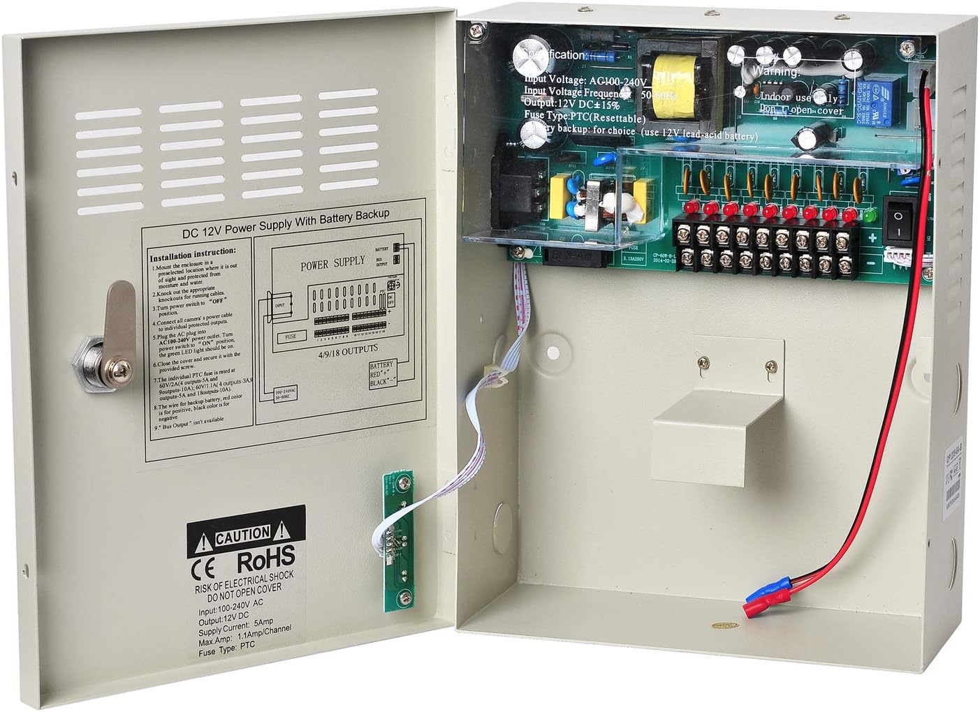 EVERSECU 9 Channel 12V 5Amp DC Metal Boxed Cabinet Regulated UPS Power Supply Unit with Backup Battery Link for Burglar Alarms CCTV Cameras PTZ