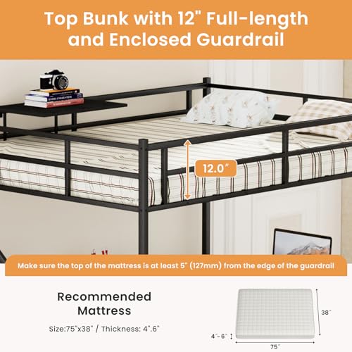 Full Size Loft Bed with L-Shaped Desk, LED Lights and Charging Station, Full Size Loft Bed with Stairs, Wardrobe and 2 Storage Drawers(Black Full)