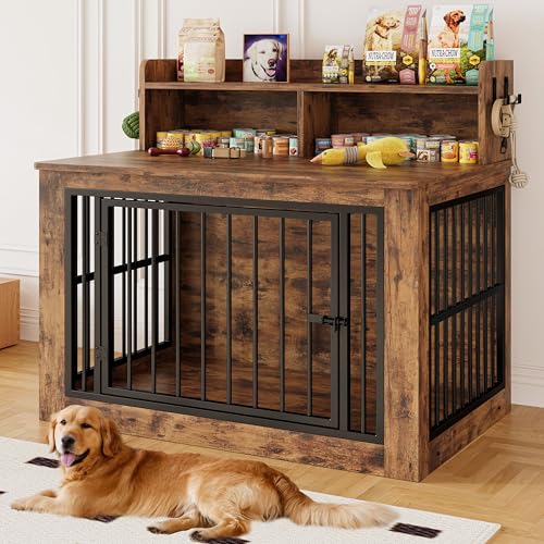 IRONCK Extra Large Dog Crate Furniture, 43.3 inches Wooden Dog Crate with Storage and 4 Hooks, Heavy Duty Pet Crate for Large Dog