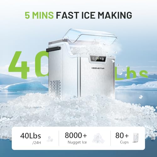 Nugget Countertop Ice Maker with Soft Chewable Ice 40Lbs, Pebble Sonic Ice Machine with Basket and Scoop, Ready in 5 Mins, 40Lbs/24H