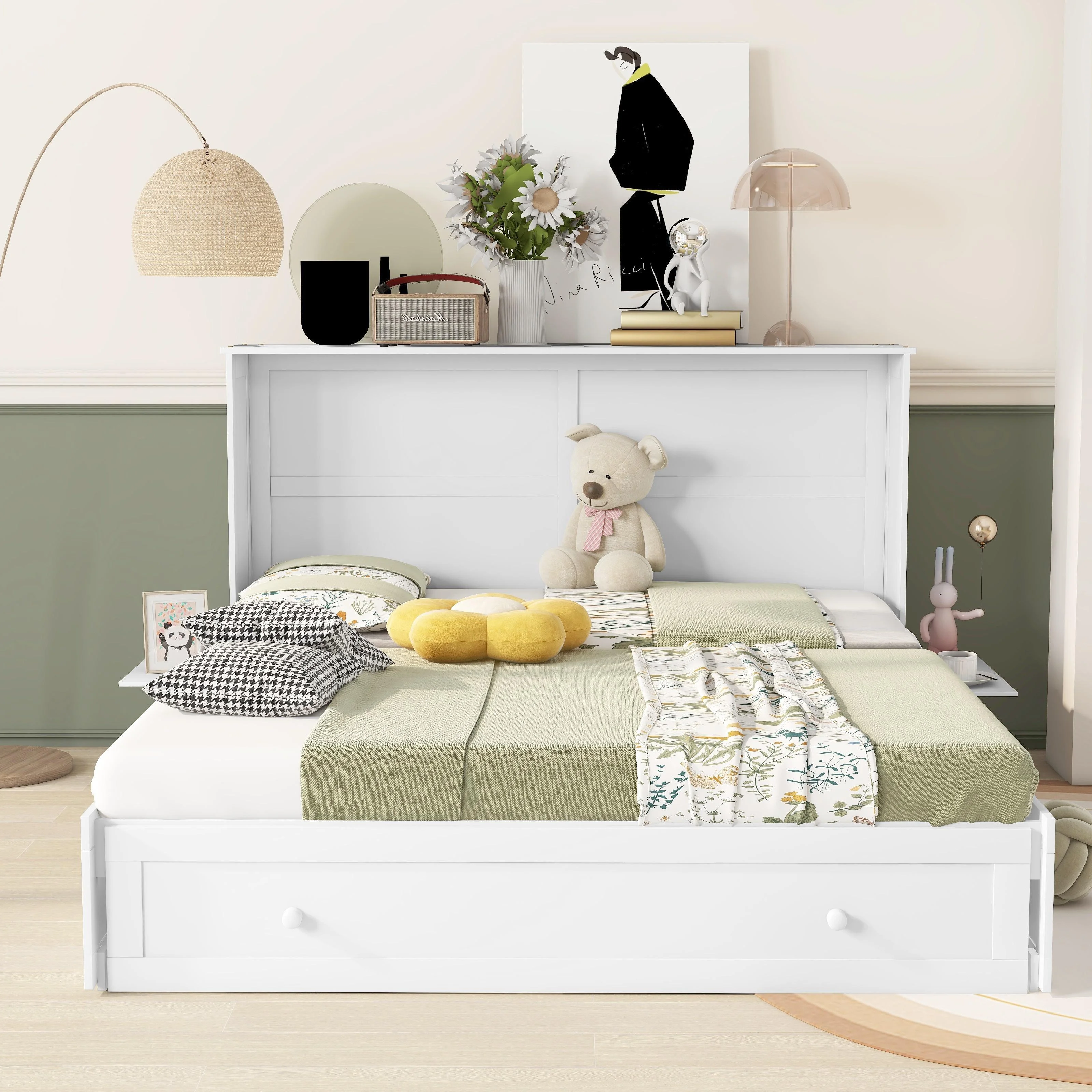 Bellemave Murphy Cube Cabinet Bed with Storage Drawer, Wood Queen Size Murphy Bed Cabinet with Side Little Shelves