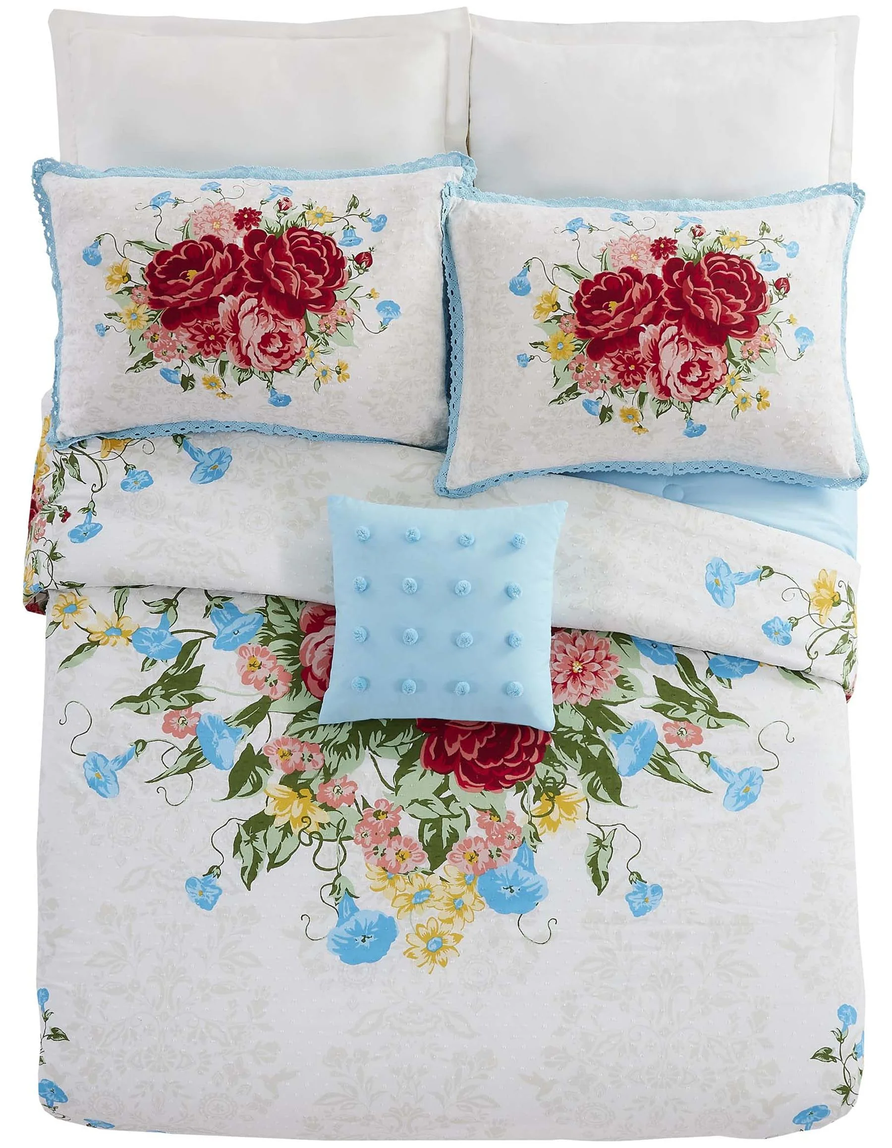The Pioneer Woman Blue Cotton Sweet Rose 4-Piece Comforter Set, Full / Queen - Curated Treasures Market