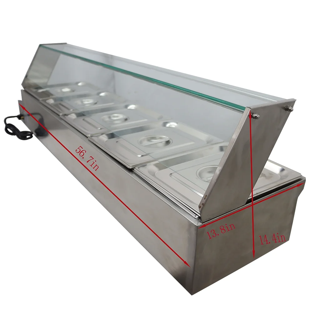 TECHTONGDA Buffet Food Warmer Stainless Steel Bain Marie Buffet Countertop 5 Pan Electric Steam Heater 6"Deep with Glass Shield