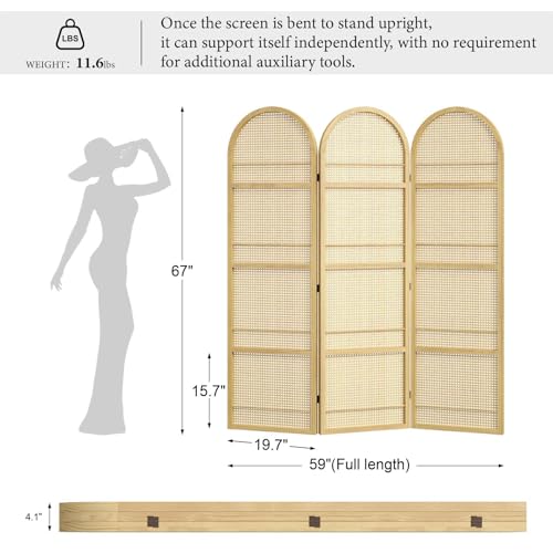 Room Divider and Folding Privacy Screens, Pine Wood 5.6 Ft Double Hinged Rattan Partition Freestanding Wall Room Divider for Home - 3 Panels
