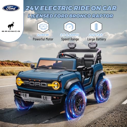 ENYOPRO 2 Seater Ride On Car for Kids, 24v Licensed Ford Bronco Raptor Electric Power Ride On Truck Toy with Remote Control