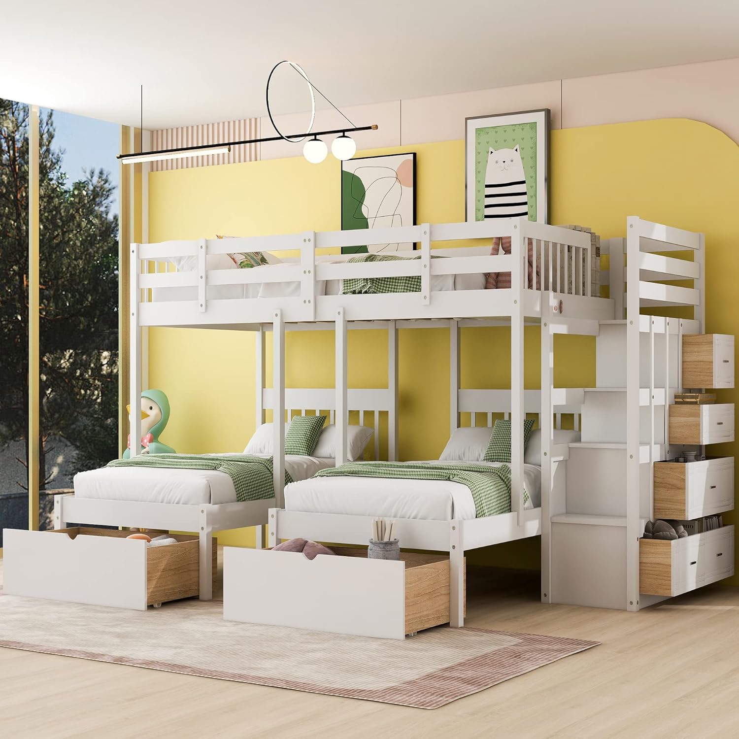 SOFTSEA L-Shaped Triple Bunk Beds with Staircase Corner Bunk Bed with 2 Storage Drawers, Full Over Twin & Twin Bunk Beds for Kids