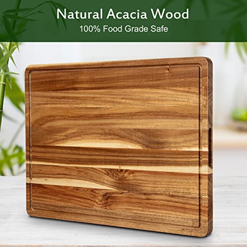 Extra Large Acacia Wood Cutting Board, 24x18 Inch Large Butcher Block Chopping Board with Handle and Juice Groove, Carving Board for Turkey, Meat