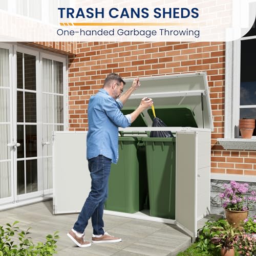 Amopatio 41 Cu Ft Outdoor Storage Shed, Horizontal Resin Trash Can Storage, Weather Resistance, Storage Box with Floor Included for Garden Tools