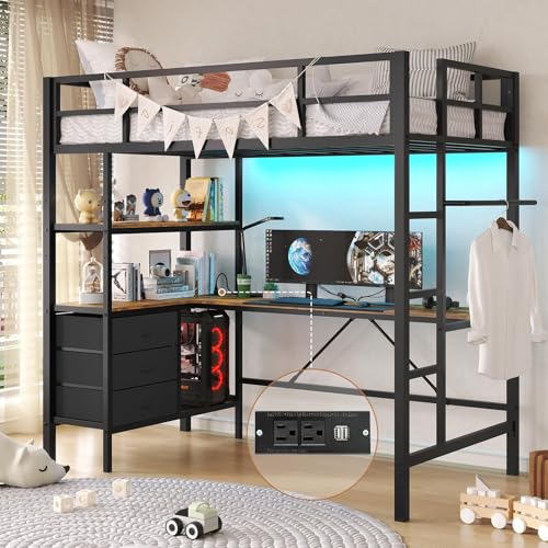 DICTAC Loft Bed Full Size with L-Shaped Desk and Charging Station Full Metal Bed Frame with LED Lights,Open Shelves and 3 Fabric Storage Drawers