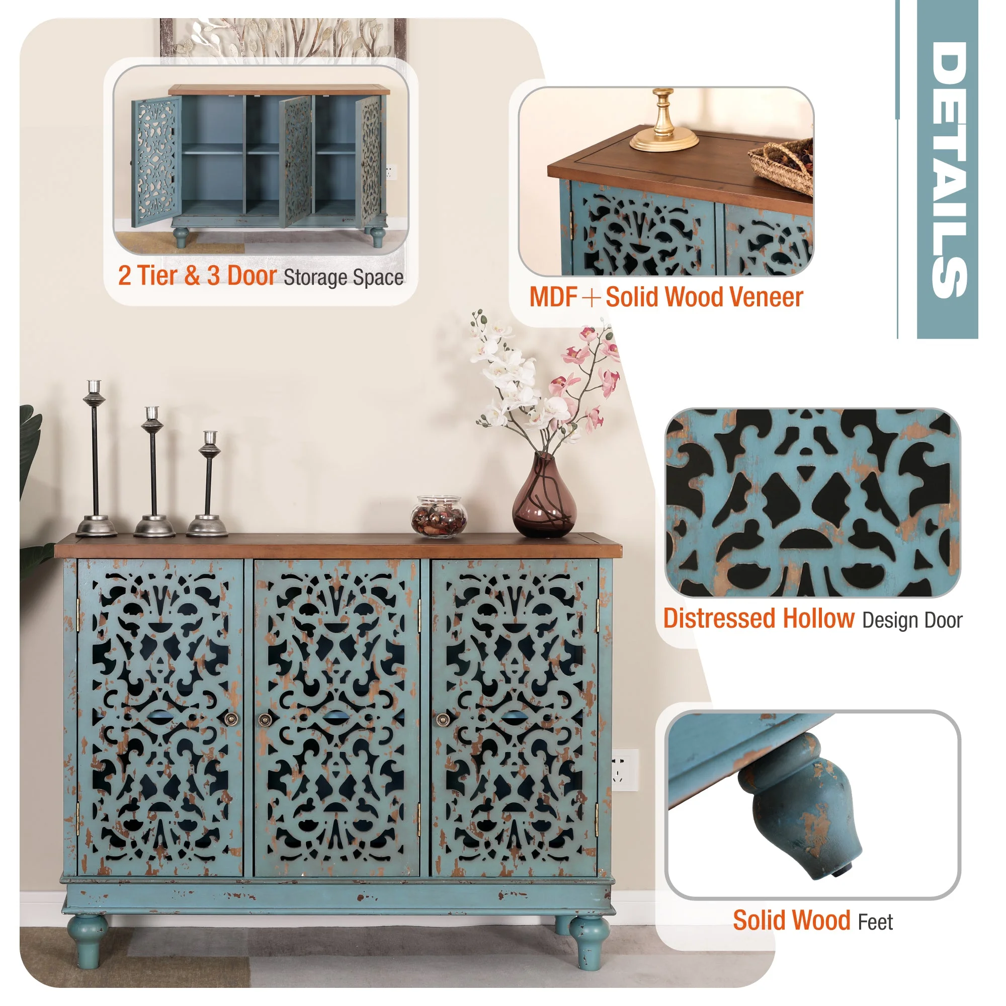 Sophia & William 3-Door Hollow-Carved Sideboard Accent Cabinet for Kitchen, Dining Room, Living Room, Entryway-Blue