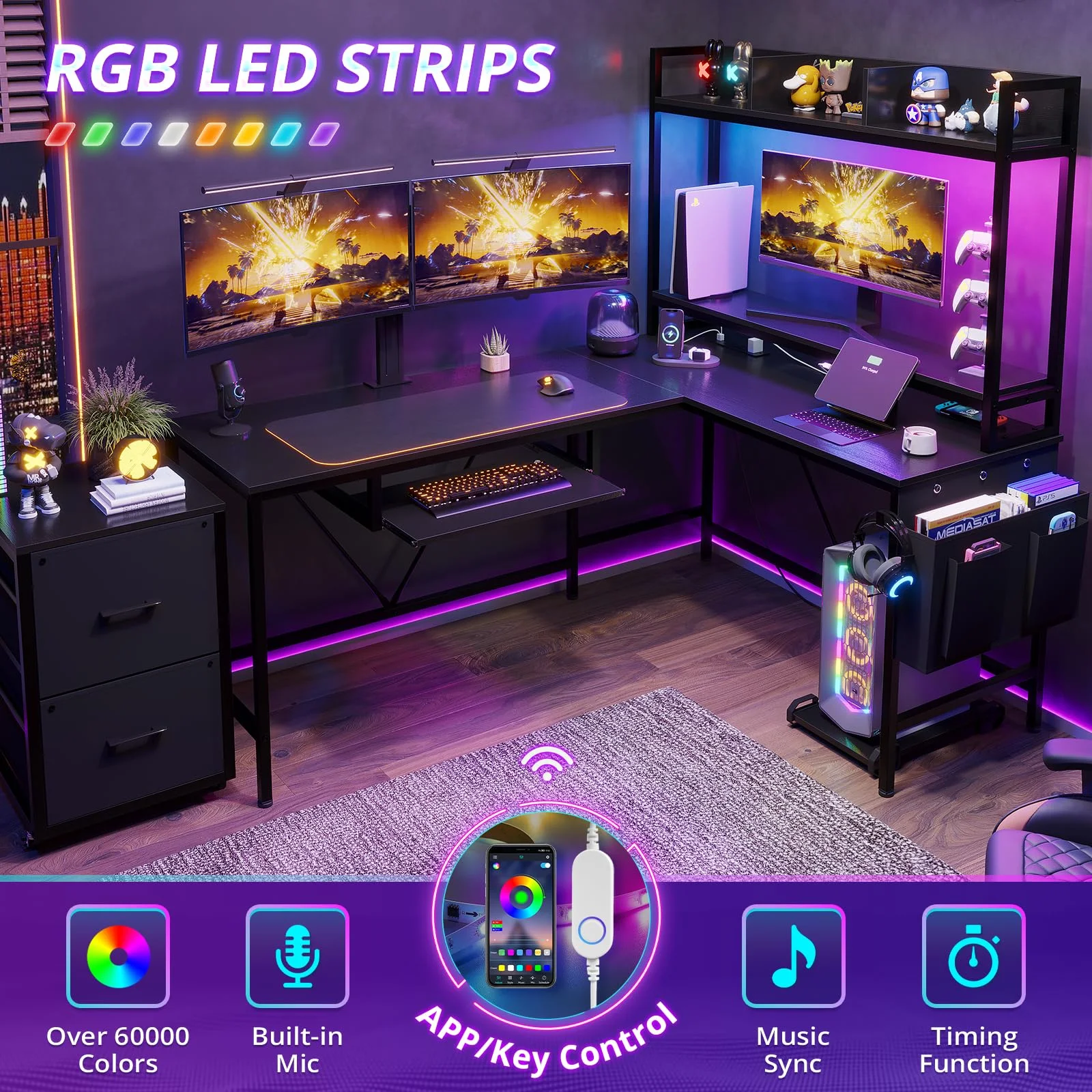 Black 55" Reversible Corner Computer Desk with Storage Shelf,L Shaped Gaming Desk with Power Outlet & Led Strip,Keyboard Tray and Headphone Hook