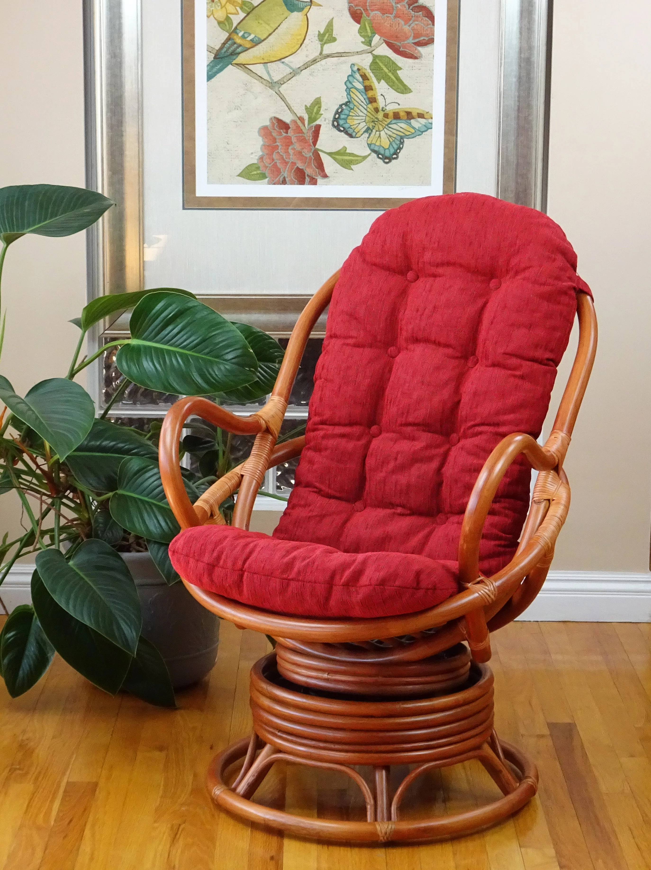 SK New Interiors Java Swivel Rocking Lounge Chair Natural Rattan Wicker with Burgundy Cushion, Colonial