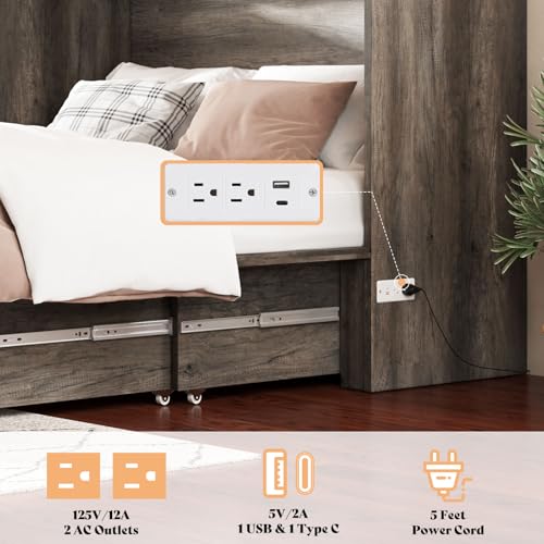 AMERLIFE Queen Murphy Bed with Storage & Charging Station, Farmhouse Murphy Cabinet with Foldable Panel, Noisy Free, for Guest Bedroom, Living Room