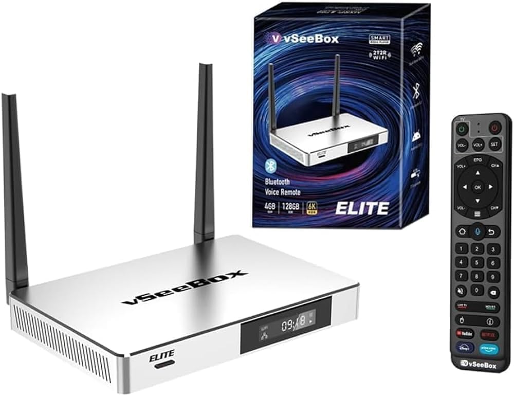 Newest vSeeBox Elite 2023 Smart TV Box with Voice Control, 4GB DDR3, 128GB eMMC, Android 10, Wi-Fi 6, 8K HDMI, H.265, Dual-Band Wi-Fi, Ethernet