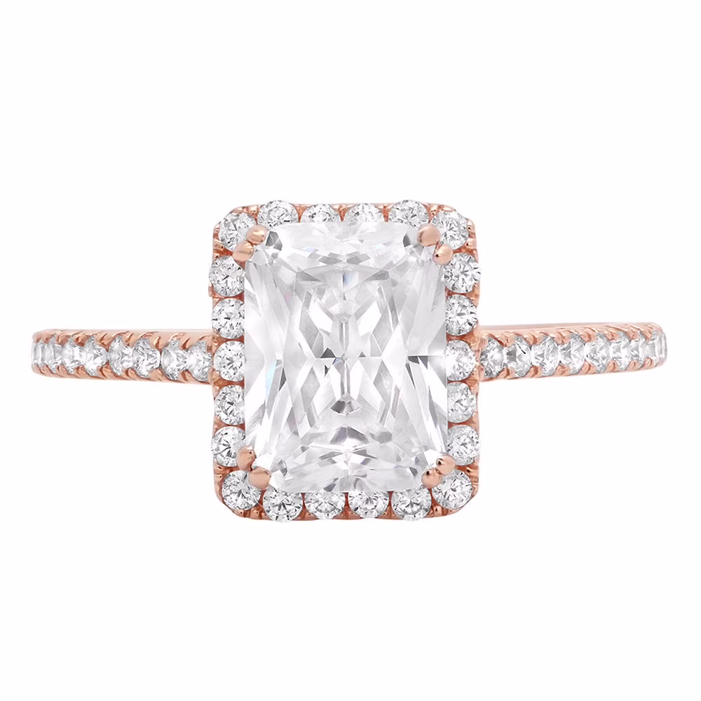 1.96 ct Emerald Cut Genuine Cultured Diamond SI1-SI2 G-H 18K Rose Gold Halo Promise Wedding Statement Engagement Designer Ring W/ Crystal side stones