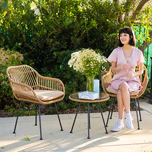 Barton 3pcs Outdoor Bistro Chat Set Patio Conversation Wicker Chairs Glass Table with Seat Cushions, Beige