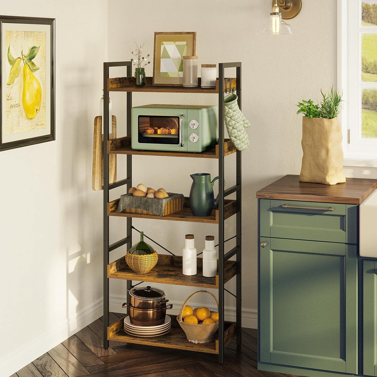 Rolanstar 5 Tier Bookshelf, Industrial Wood Bookcase with 4 Hooks, Vintage Storage Rack with Open Shelves
