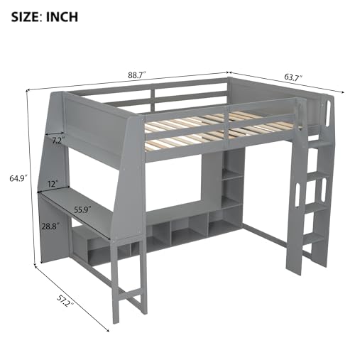 SOFTSEA Full Size Loft Bed with Desk and Storage, Solid Wood Loft Bed with Open Wardrobe and Multi-Storage Shelves