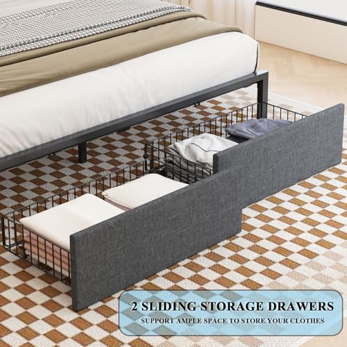 LED Bed Frame Full Size with Bookshelf Headboard, 2 Hidden Storage Drawers, Upholstered Platform Metal Bed Frame with Charging Station