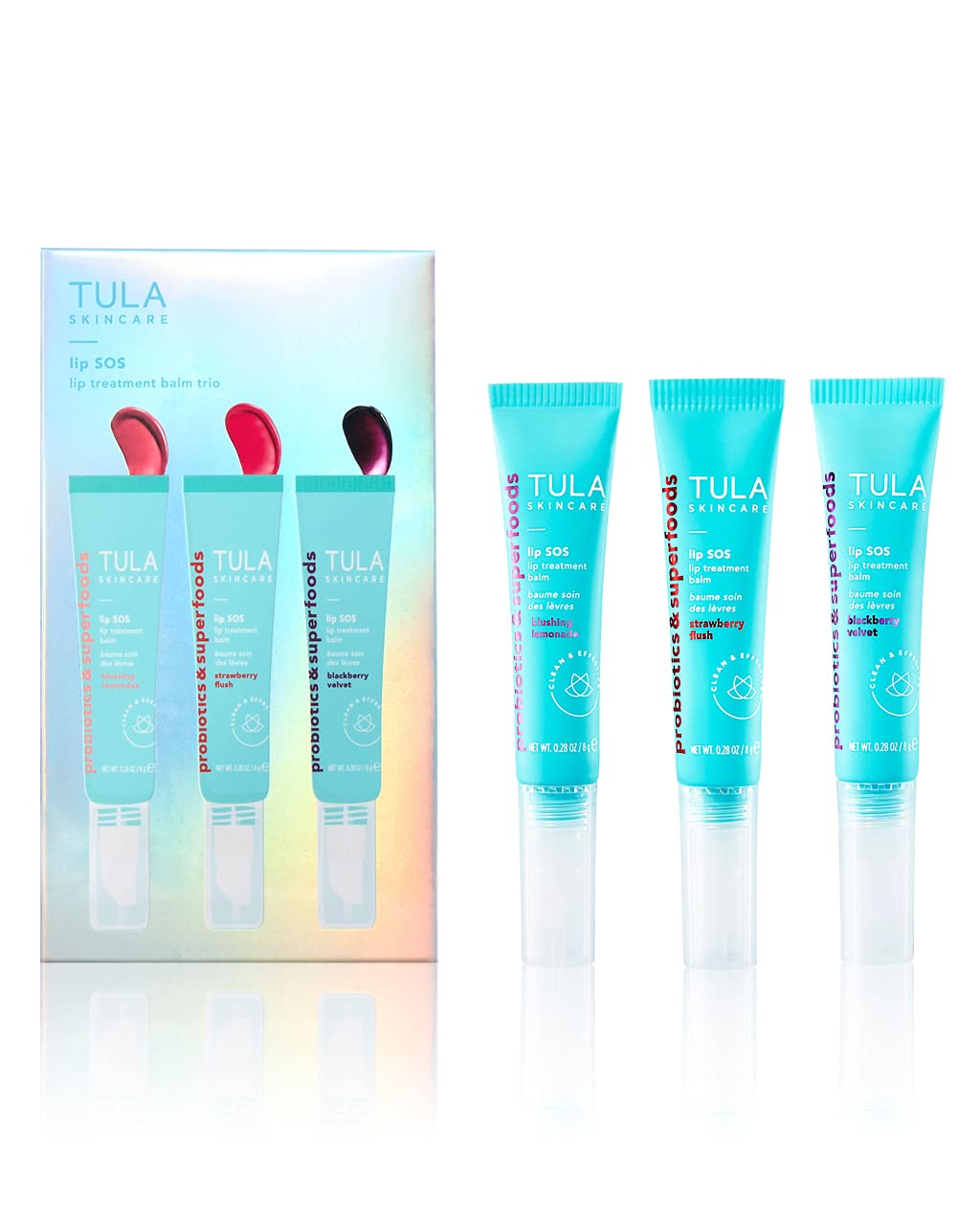 TULA Skin Care Lip SOS - Lip Treatment Balm that Plumps, Smooths & Hydrates lips with a Glossy Tint, Nude Pink, Rose Pink, Sunset Berry, 3 count