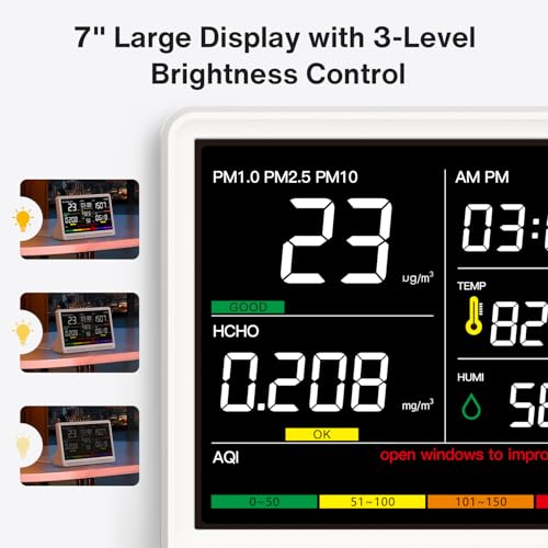 16 in 1 Air Quality Monitor Indoor 7" Display 9 AQI+7 AQI Alerts Air Quality Meter for CO2, TVOC, PM2.5 PM1.0 PM10, HCHO