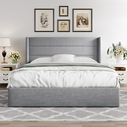 Allewie Full Size Lift Up Storage Bed, Modern Wingback Headboard, Hydraulic Support, No Box Spring Needed, Light Beige