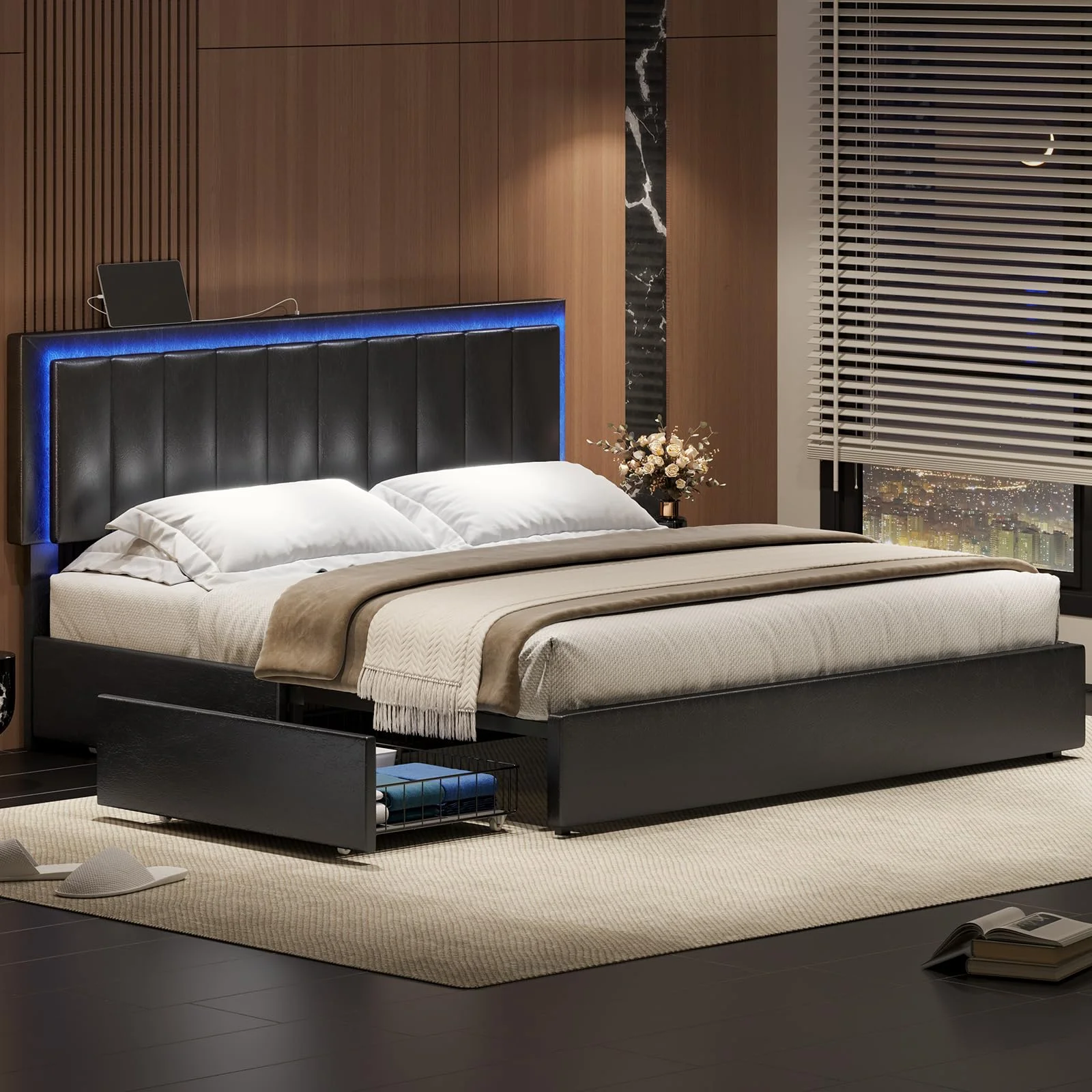 King Size Bed Frame with 4 Storage Drawers and Adjustable Headboard,Upholstered Platform Bed with USB Port Charging Station and LED Light