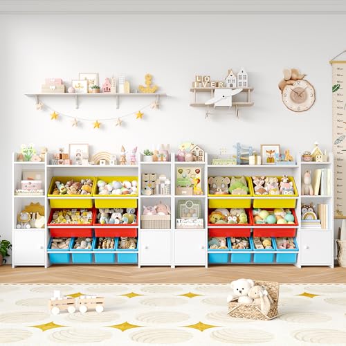 FOTOSOK 55''Large Toy Storage Organizer with 8 Toy Bins, Toy Organizers and Storage with Shelf and 6 Storage Cubbies, Bookshelf for Kids