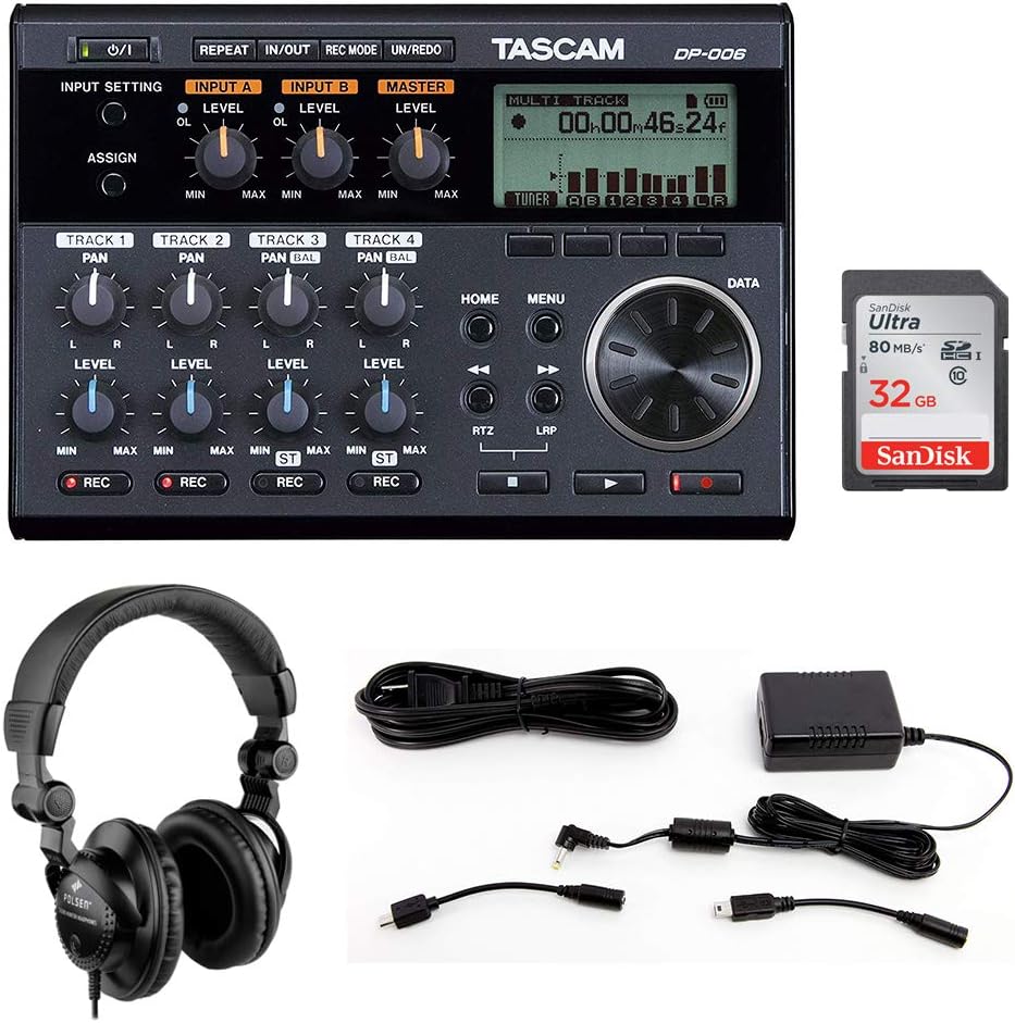 Tascam DP-006 6-Track Digital Pocketstudio with Tascam PS-P520E AC Power Adapter, Polsen HPC-A30 Headphones & 32GB Memory Card Bundle