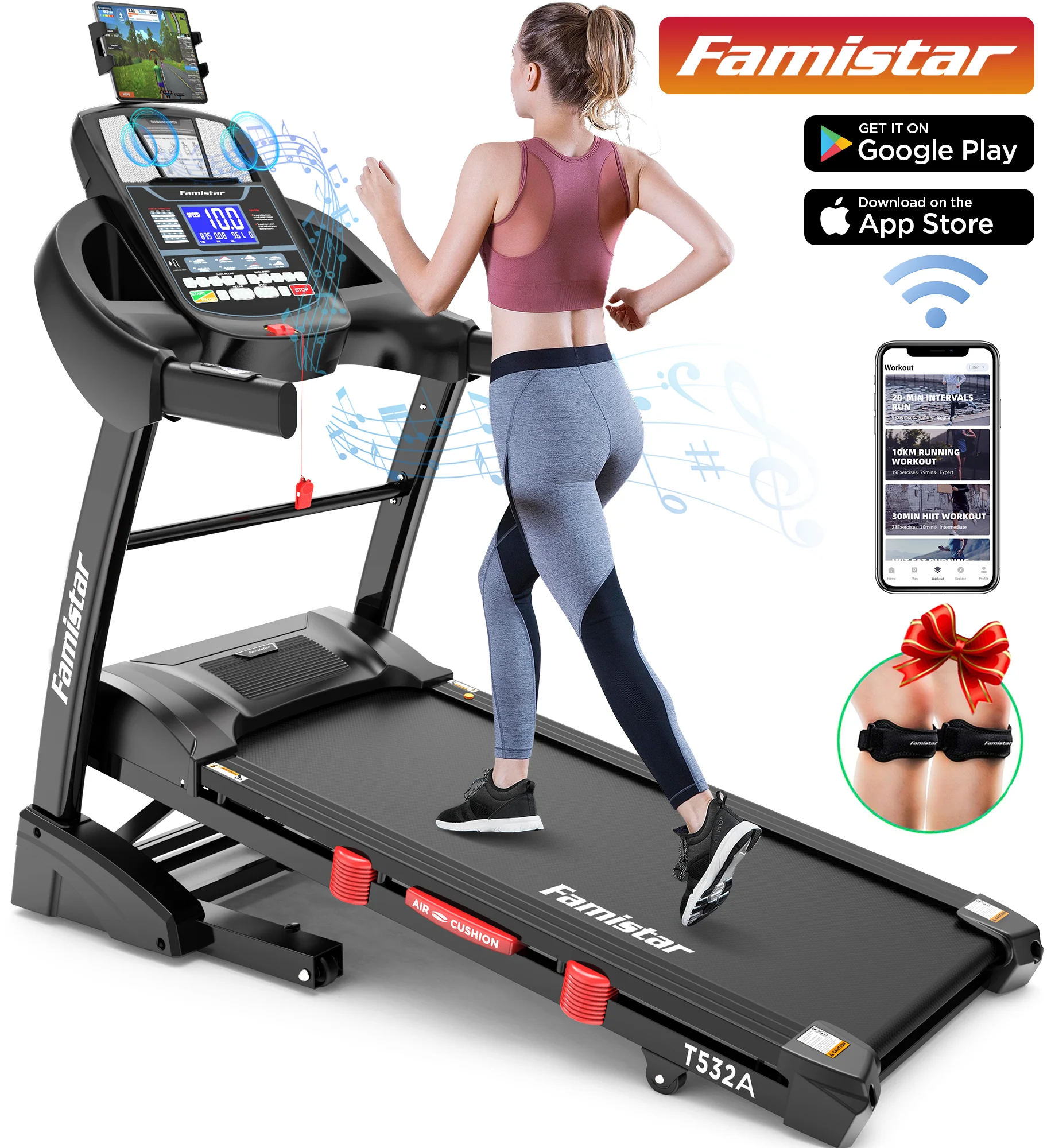 Famistar 4.5HP Portable Folding Treadmill 300 LB Capacity for Home w/ 15-Level Auto Incine, Smart APP Control, HiFi Stereo Bluetooth Speakers