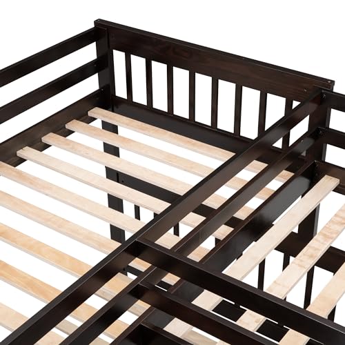 L-Shape Triple Bunk Beds with Stairs and Desk, Wood Twin-Over-Full Bunk Bed with Storage Wardrobe, Shelves and Drawers