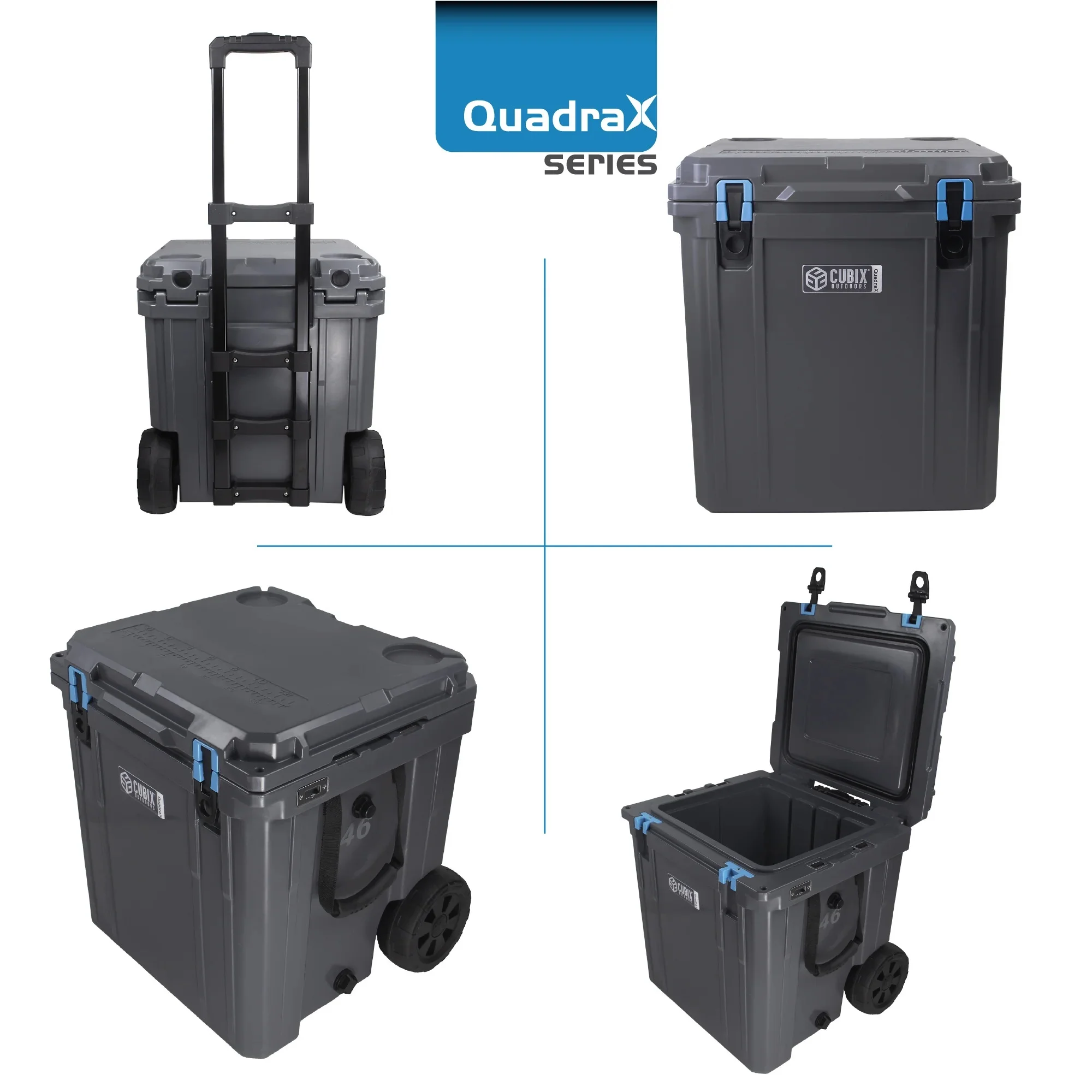 Cubix Outdoors 46QT QuadraX Wheeled Rotomolded Portable Hard Cooler, Fits 26 Cans, Abyss Blue - Radiant Selections