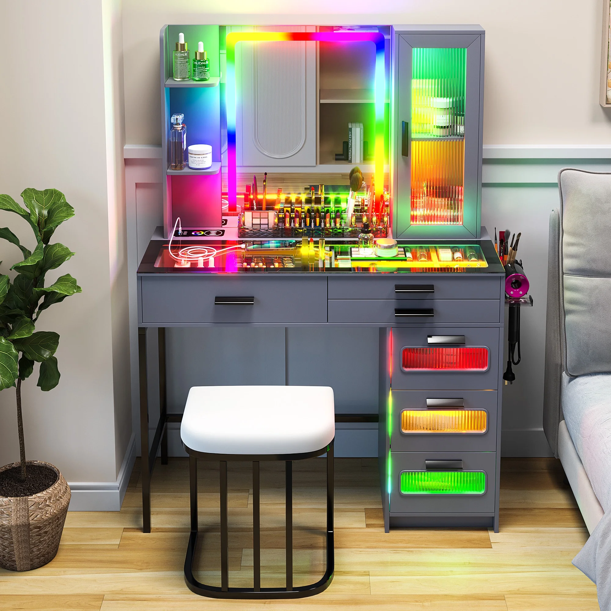 HNEBC RGB Vanity Desk with Lights, Glass Top Makeup Desk with Wireless Charging Station, Dressing Table Set with Stool/6 Drawers