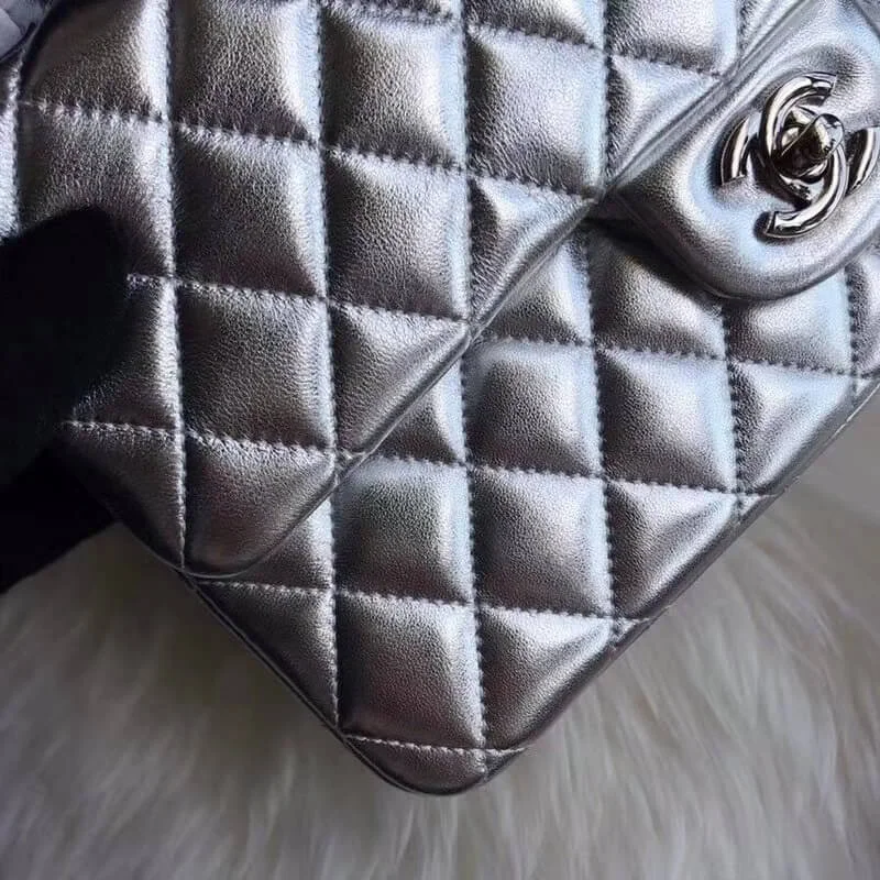 Chanel 1112 Silver Medium Size 2.55 Lambskin Leather Flap Bag