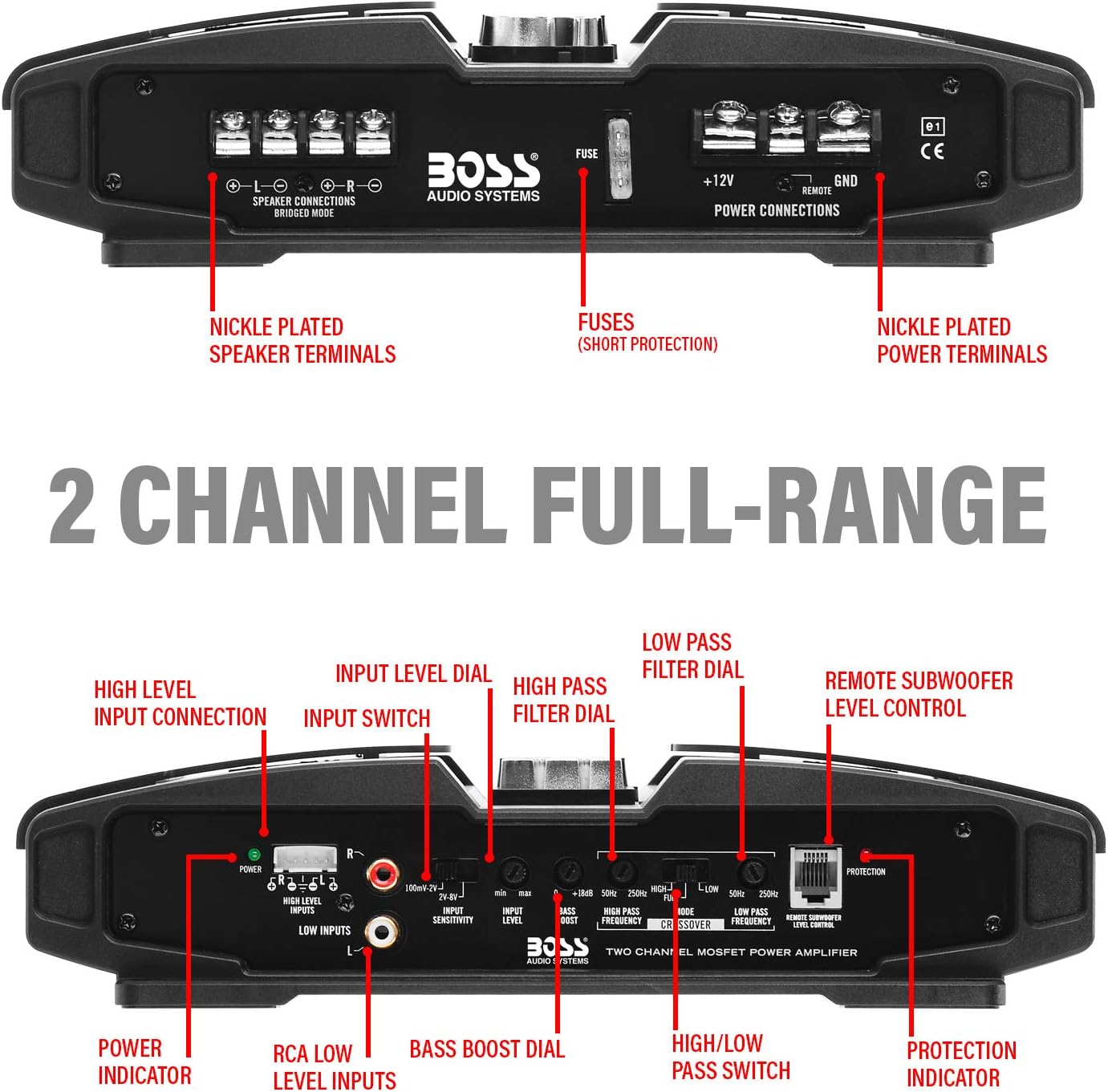 BOSS Audio Systems PT1000 2 Channel Car Amplifier - 1000 Watts, Full Range, Class A/B, 2-8 Ohm Stable, Mosfet Power Supply, Bridgeable