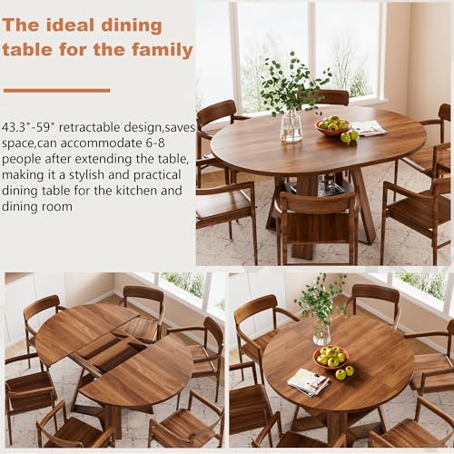 43.3in-59in Extendable Round Dining Table for 4-8,Modern Kitchen Oval Dining Table with Removable Leaves Space Saving