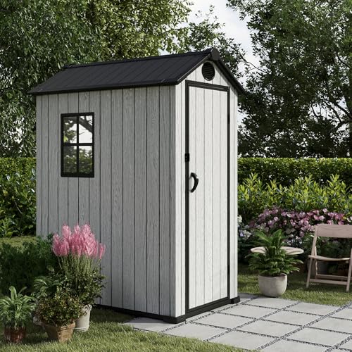4.4x6 FT Resin Outdoor Storage Shed, 230 Cuft Garden Tool Sheds & Outdoor Storage Plastic Shed with Floor